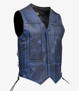 skates sports blue waxed vintage leather waistcoat