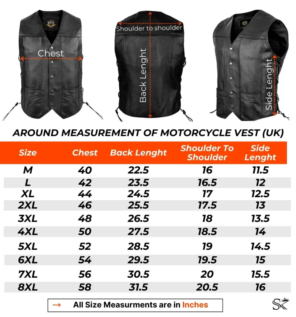 Skates Sports Mens Leather biker waistcoat UK size chart