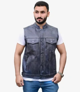 Model Wearing Skates Sports' Grey Vintage Mens Leather Biker Waistcoat