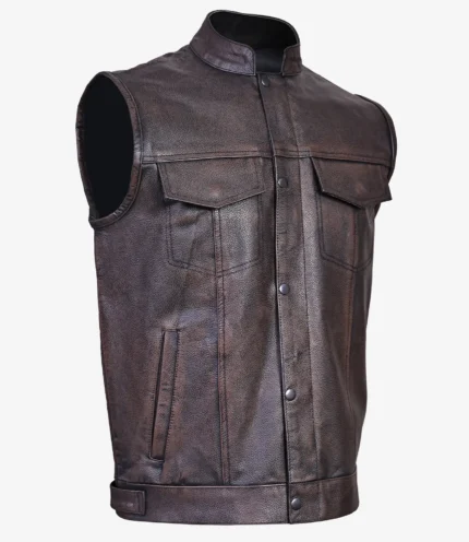 Brown Vintage Waxed Mens Leather Biker Waistcoat