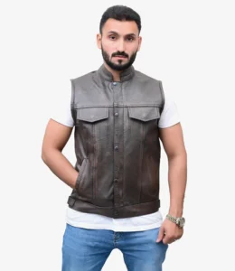 Model Wearing Skates Sports' Brown Vintage Waxed Mens Leather Biker Waistcoat