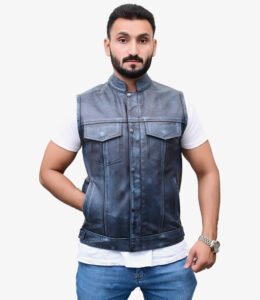 Model wearing Skates Sports sky blue vintage mens leather biker waistcoat