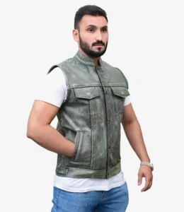 Model Wearing Skates Sports' Light Green Vintage Waxed Mens Leather Biker Waistcoat