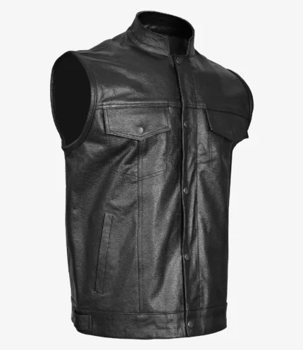 black mens leather biker waistcoat 6 pockets vest concealed carry