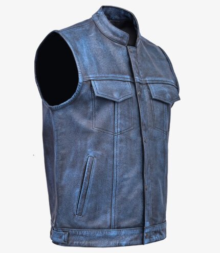 sky blue vintage mens leather biker waistcoat