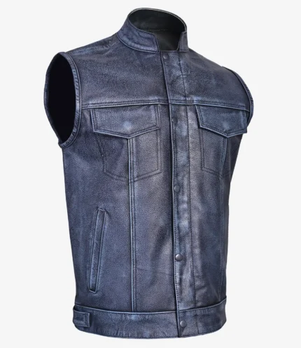 blue Vintage Waxed Mens Leather Biker Waistcoat