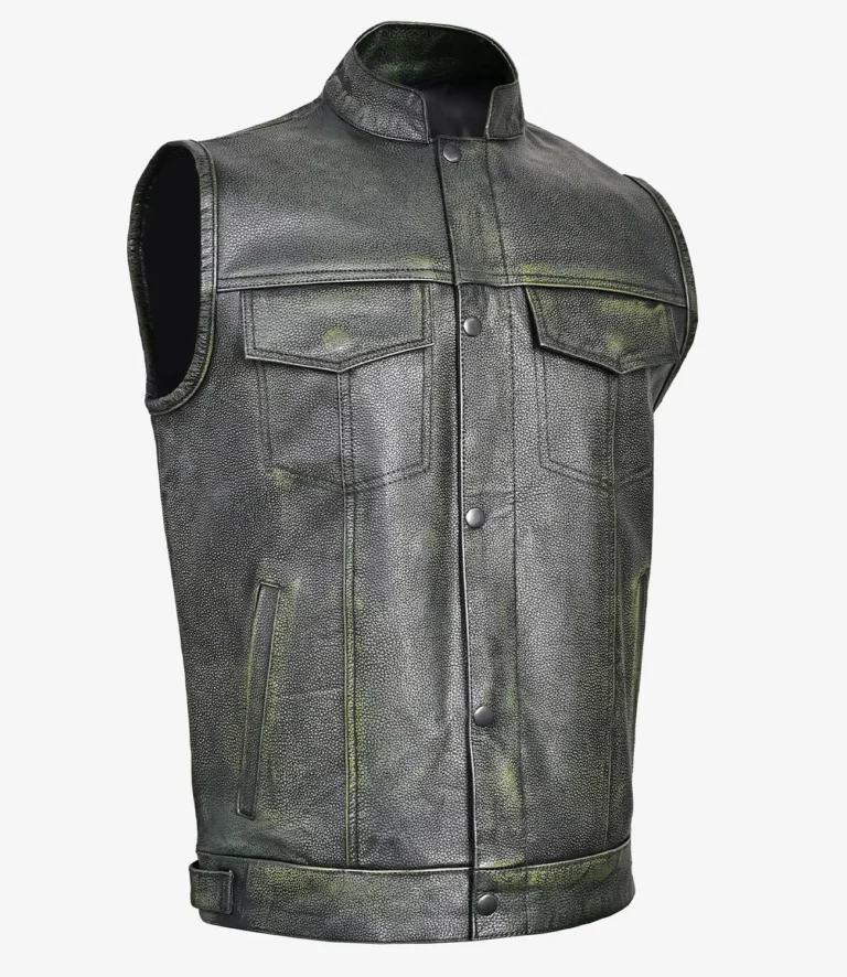 Green Vintage Waxed Mens Leather Biker Waistcoat