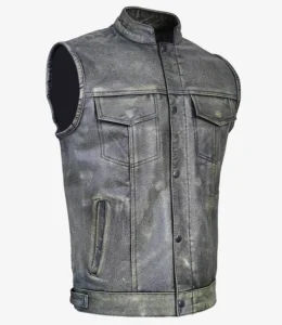 Light Green Vintage Waxed Mens Leather Biker Waistcoat